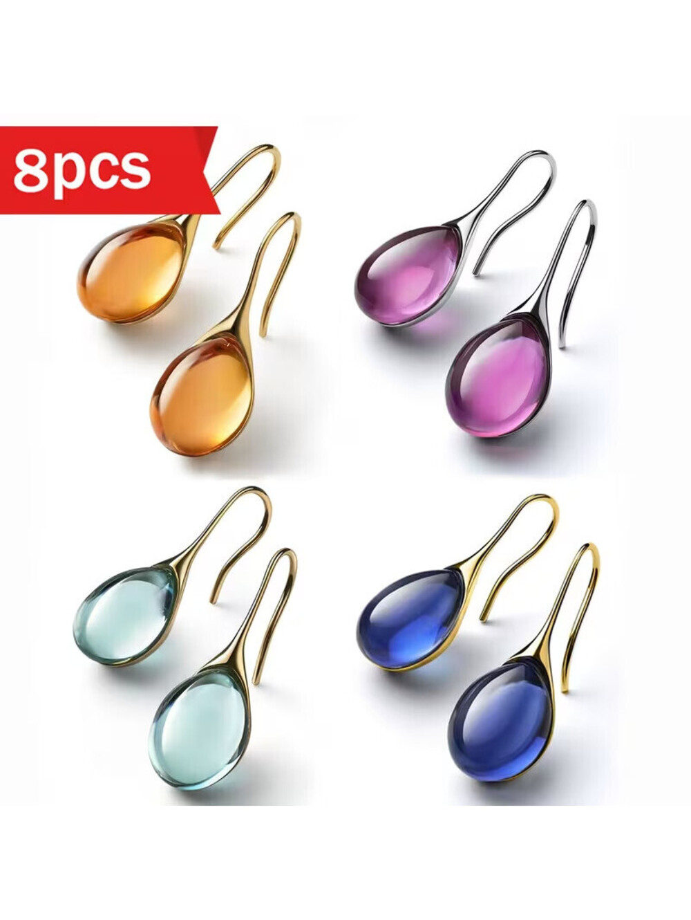 8pcs Water Drop Resin Earrings in 4 Vibrant Colors